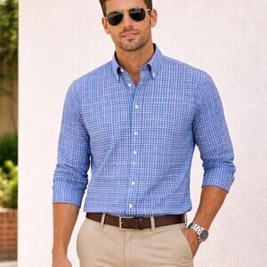 Peter Millar SZ XL Crown Sport Wicking Plaid Button Down Blue Pink Aqua